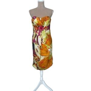 Kay Unger Strapless Floral Print Silk Midi Dress